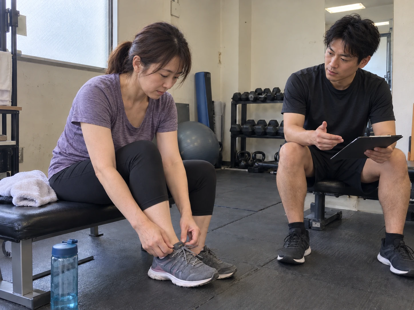 運動前にトレーナーと利用者が相談する場面